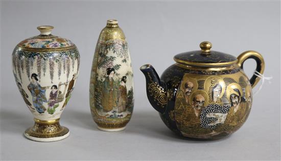 Two small Japanese Satsuma vases, Meiji period, together with a Satsuma small teapot and cover